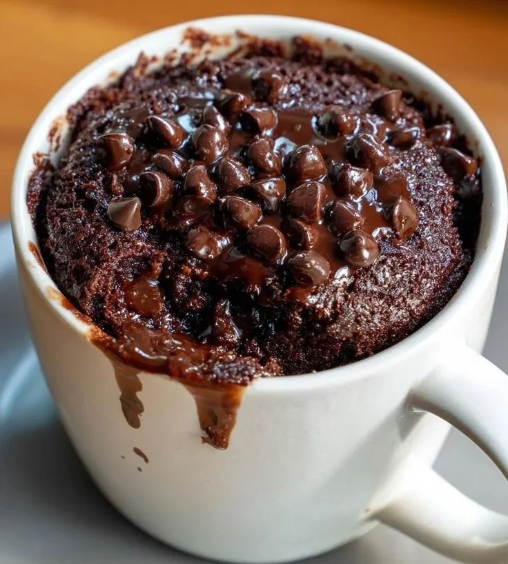 Delicious 1-minute double chocolate cottage cheese mug cake in a mug.