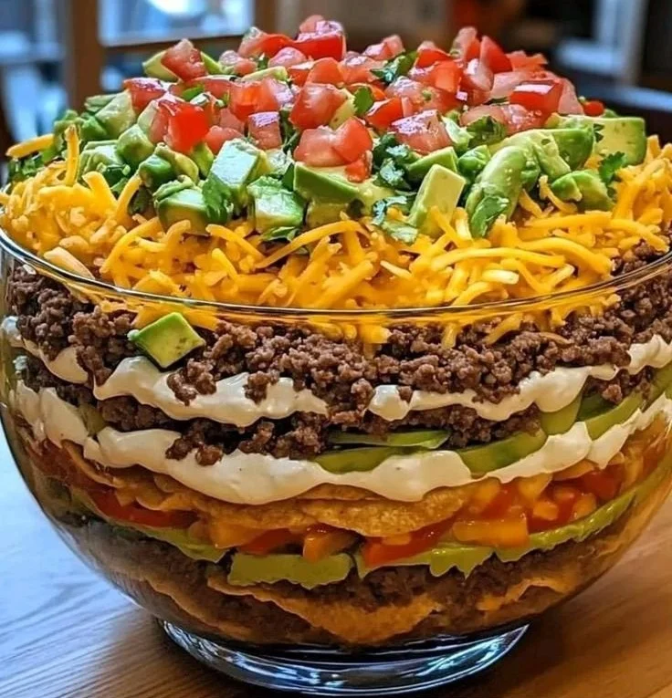 Delicious 7 Layer Taco Salad featuring fresh ingredients and vibrant colors.