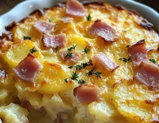 Cheesy scalloped potatoes and ham casserole baked to perfection