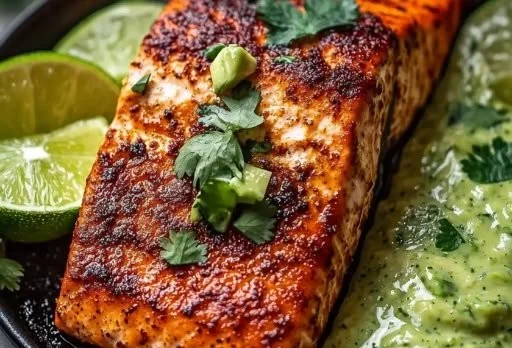 Baked Cajun Salmon with Avocado Lime Sauce on a plate