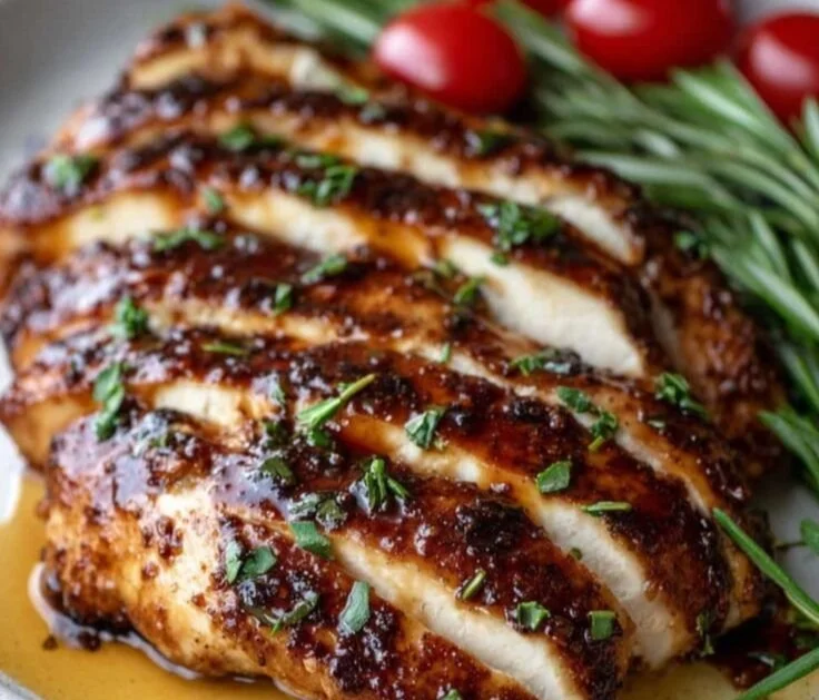 Balsamic baked chicken breast garnished with herbs on a white plate