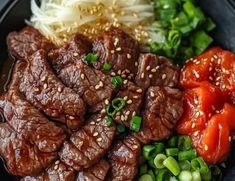 Sizzling beef yakiniku served with dipping sauces and vegetables on a grill.