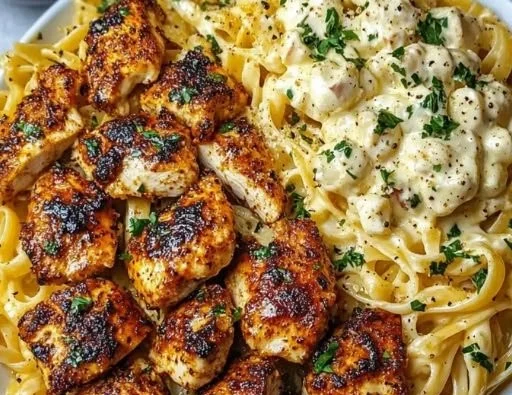 Blackened chicken served with creamy garlic parmesan pasta on a white plate.