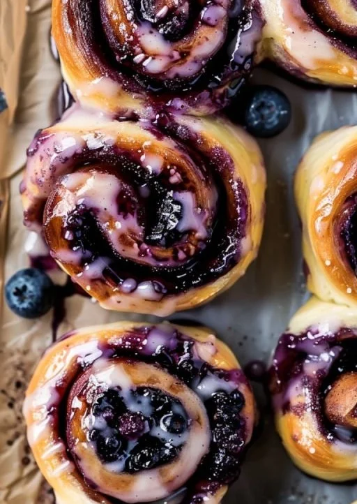 Freshly baked blueberry cinnamon rolls with icing on a rustic table
