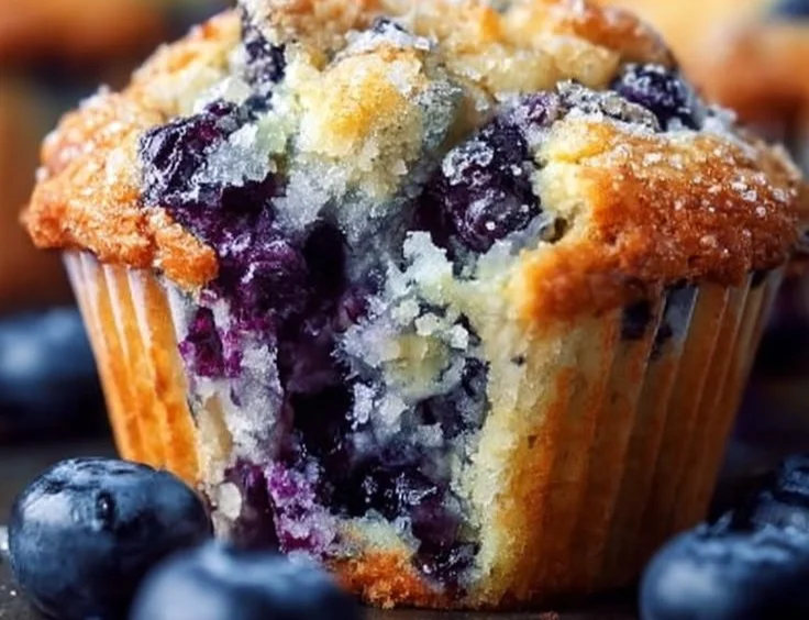 Freshly baked blueberry muffins with plump blueberries on a wooden table
