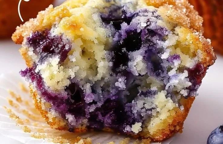 Freshly baked blueberry muffins on a white plate with blueberries