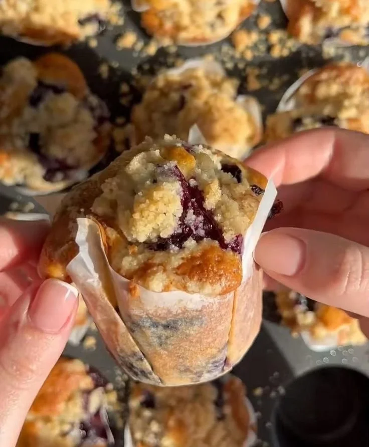 Delicious blueberry muffins topped with a crunchy crumble for added flavor