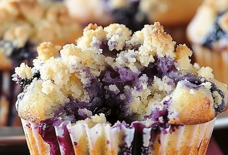 Freshly baked blueberry muffins with a delicious streusel crumb topping
