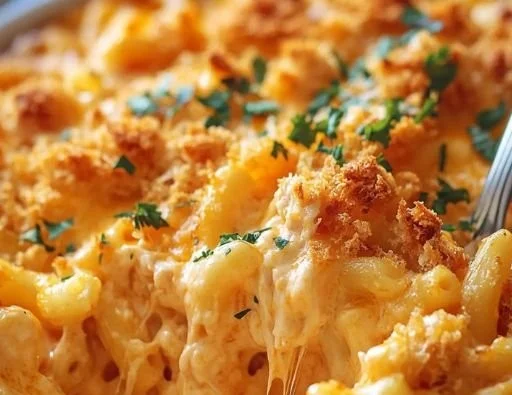 Creamy Buffalo Chicken Mac and Cheese topped with jalapeños and breadcrumbs