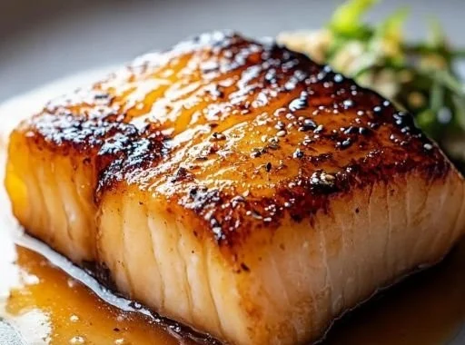Buttery miso glazed black cod plated with vegetables