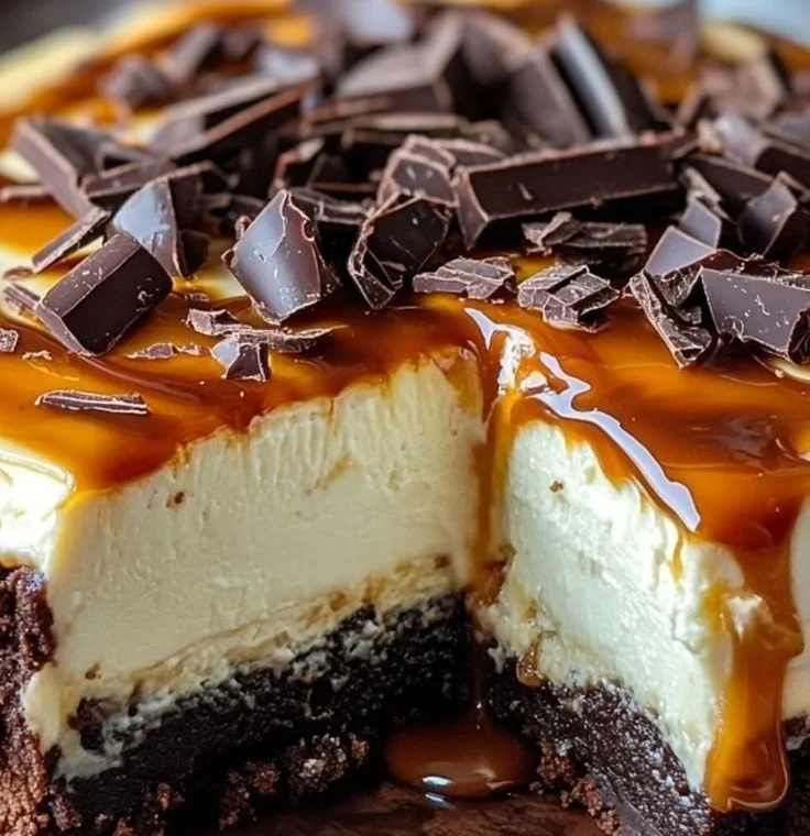 A delicious caramel brownie cheesecake topped with creamy caramel and chocolate.