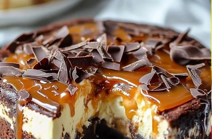 Delicious caramel brownie cheesecake topped with rich caramel sauce