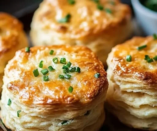 Freshly baked cheddar chive biscuits on a rustic wooden table