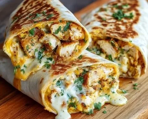 Cheesy garlic chicken wraps filled with fresh ingredients and melted cheese