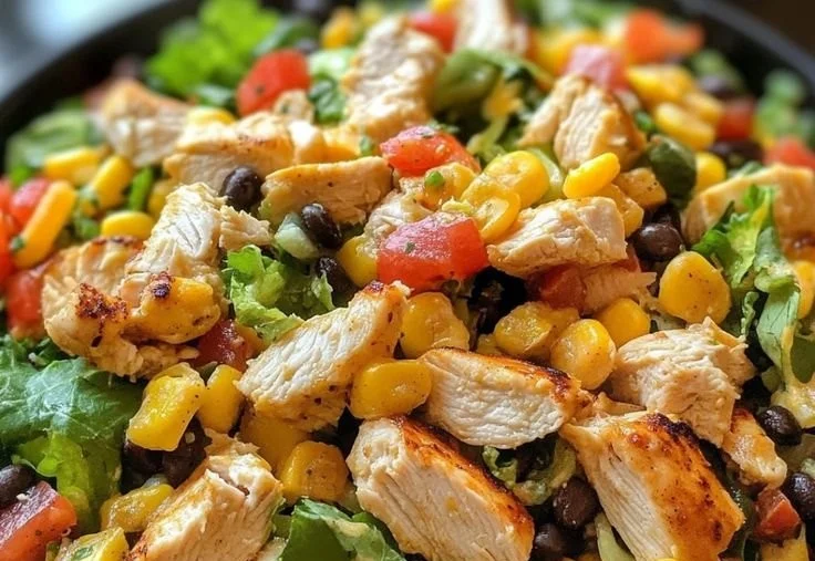 A colorful Chicken Taco Salad with grilled chicken, lettuce, and vibrant toppings