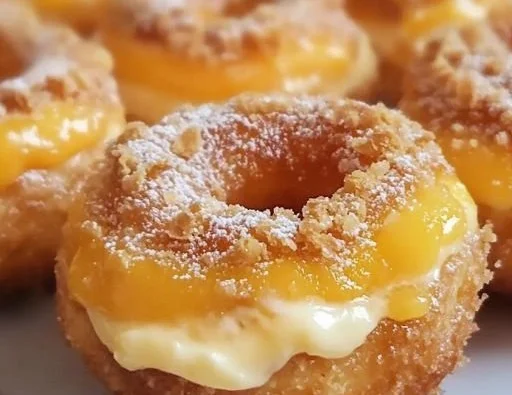 Delicious Classic Peach Cobbler Donuts topped with peach slices and crumbly crust