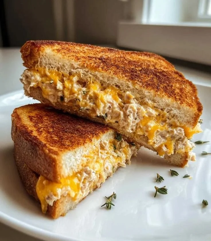 Classic tuna melt sandwich with cheese and tuna on toasted bread