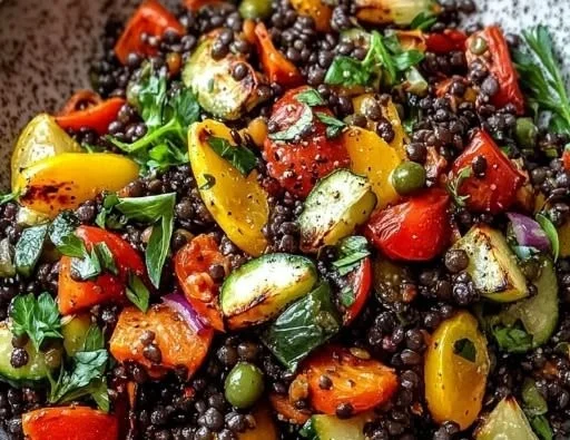 Colorful Black Lentil Salad with Roasted Vegetables in a bowl