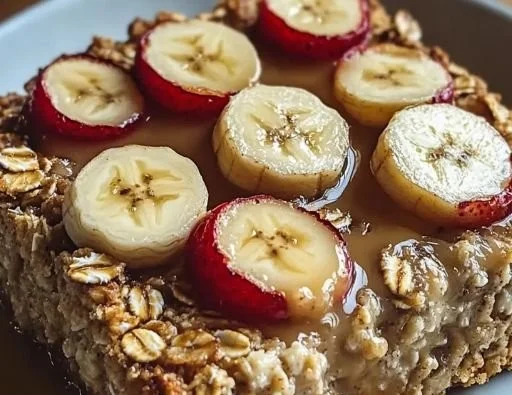 Cottage Cheese Banana Oatmeal Breakfast Bake ready to serve in a dish