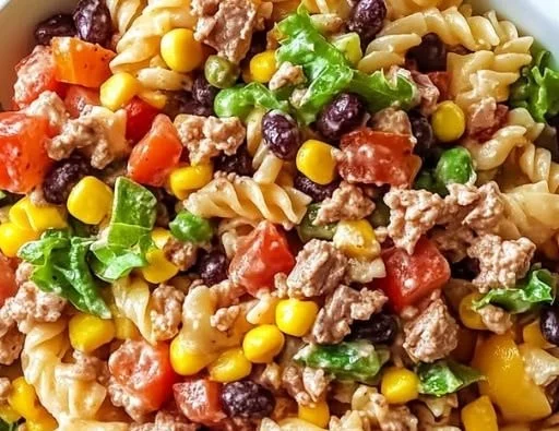 Delicious Cowboy Pasta Salad with fresh ingredients and vibrant colors