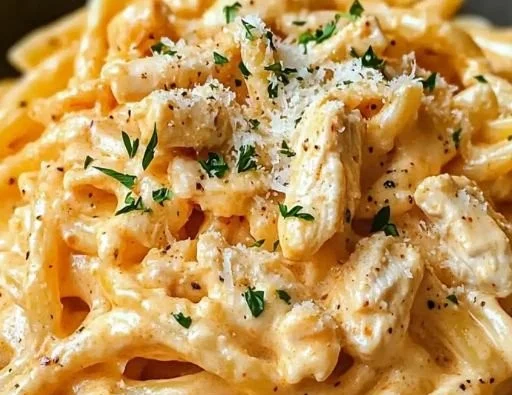 Creamy Buffalo Chicken Alfredo pasta dish served in a bowl