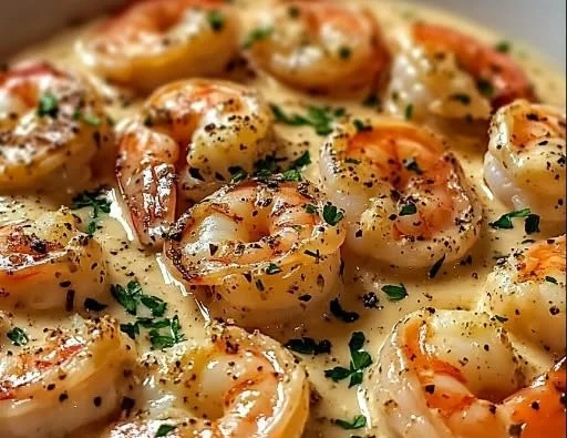 Creamy garlic shrimp served in a rich sauce with herbs and a side of pasta