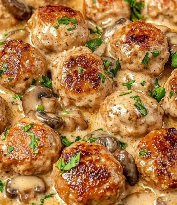 Creamy mushroom chicken meatballs served on a plate with herbs