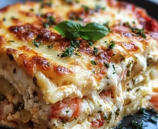 Delicious creamy seafood lasagna topped with shrimp and scallops
