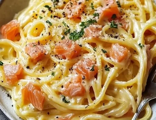 Creamy smoked salmon pasta dish served in a bowl, ready in 30 minutes