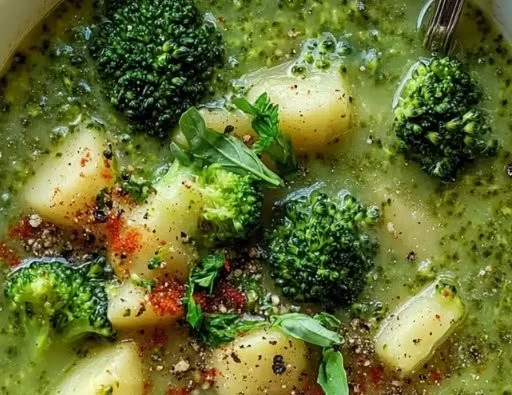 Bowl of creamy traditional Italian broccoli soup, garnished with herbs