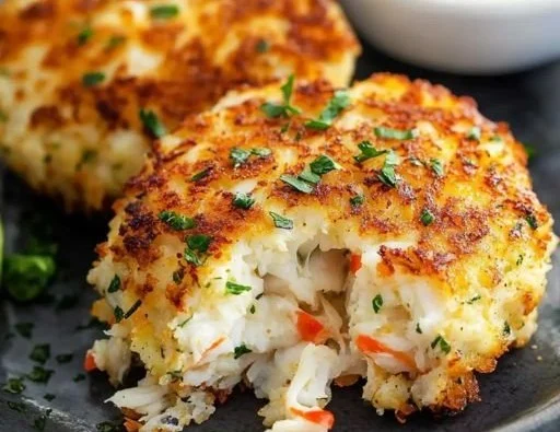 Crispy crab cakes served on a plate with lemon and dipping sauce
