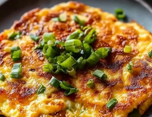 Crispy egg foo young served with savory sauce and veggies