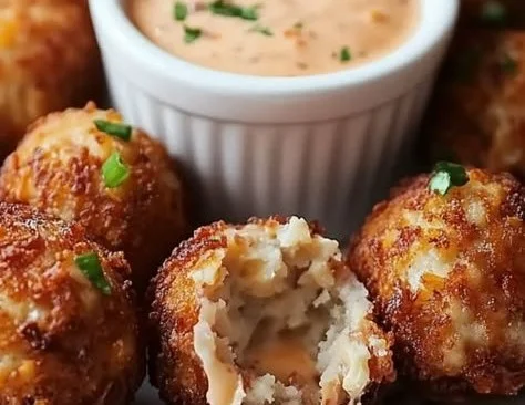 Crispy Reuben balls served with dipping sauce