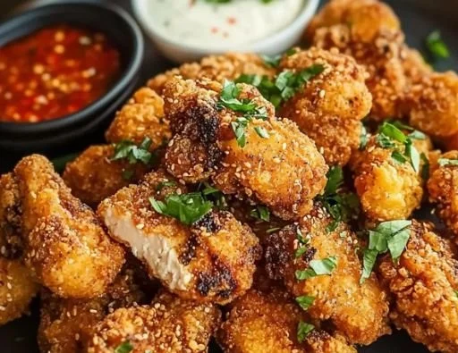 Crispy tofu fried chicken served with dipping sauce on a plate