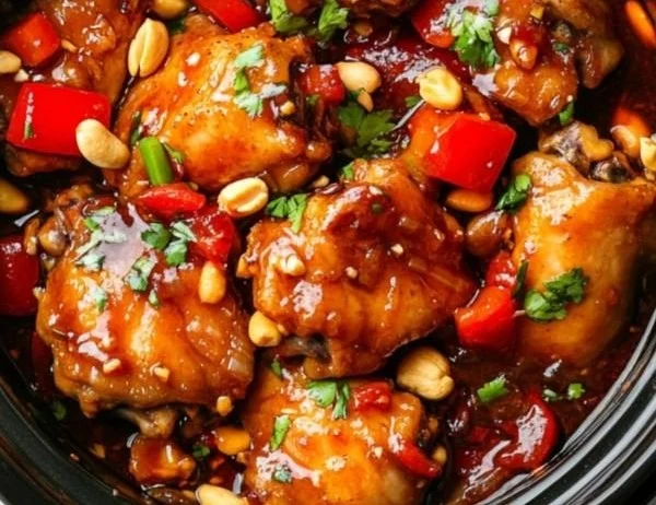 Delicious Crockpot Kung Pao Chicken dish with vibrant vegetables and spices.