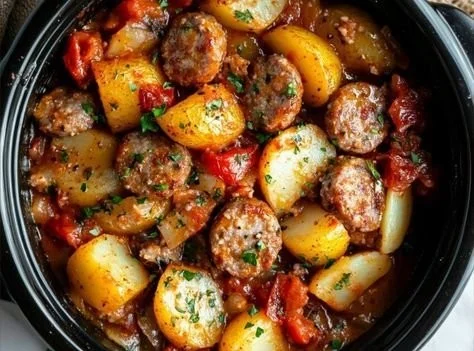 Delicious crockpot sausage casserole served in a bowl with colorful vegetables.