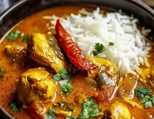 A hearty bowl of African Chicken Curry served with rice and herbs.