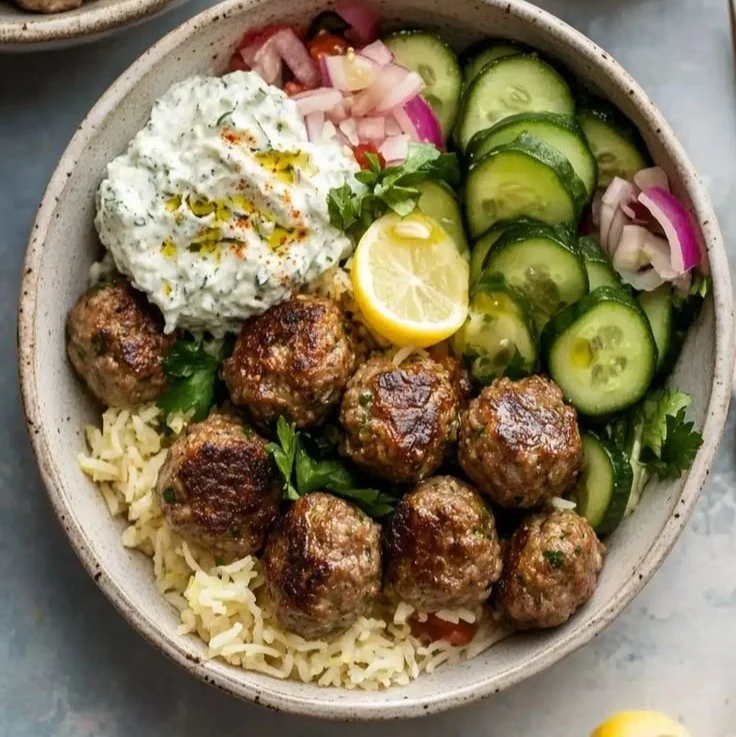 Delicious gyro bowls with meatballs, tzatziki sauce, and lemon rice