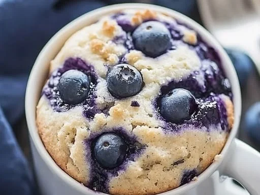 Healthy blueberry mug muffin made in minutes, perfect for a quick dessert.
