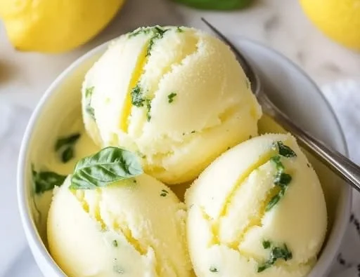 Delicious lemon basil sorbet served in a bowl, perfect summer dessert