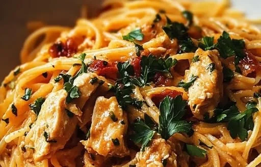 Plate of delicious Monterey Chicken Spaghetti with colorful vegetables