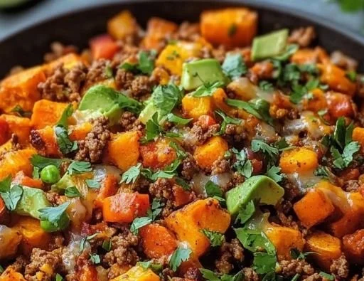 Delicious Tex-Mex Sweet Potato Hash with Ground Beef in a skillet