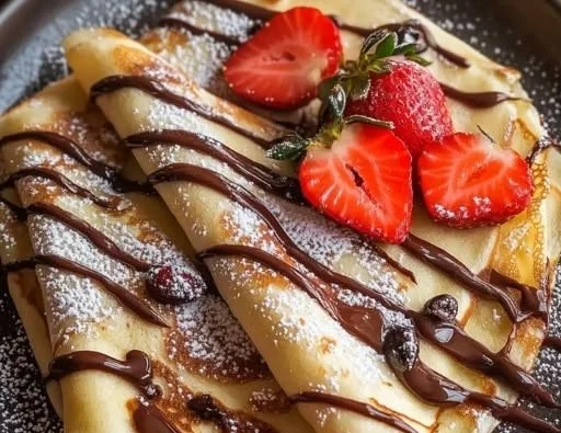 Delicious Nutella strawberry French crepes topped with whipped cream