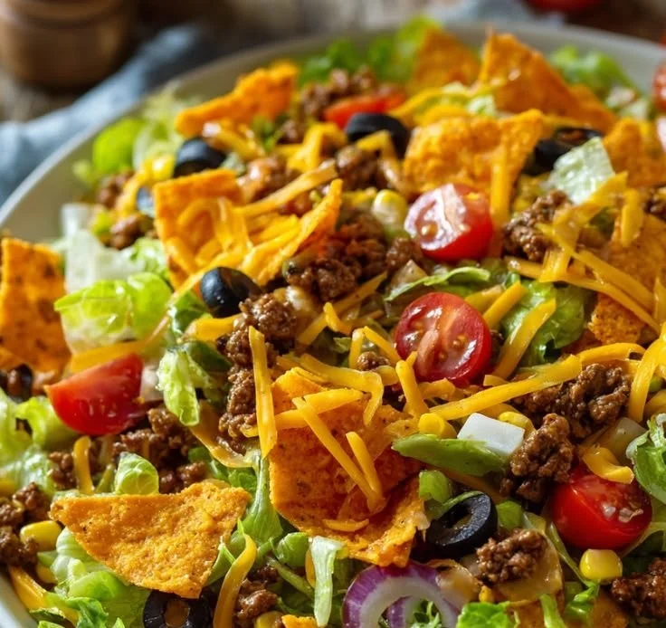 Delicious Doritos Taco Salad with vibrant ingredients and crunchy toppings.