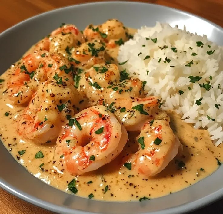 Plate of easy creamy garlic shrimp garnished with herbs and served with rice.