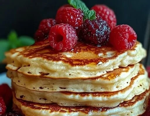 Fluffy Greek yogurt protein pancakes stacked on a plate with syrup and berries