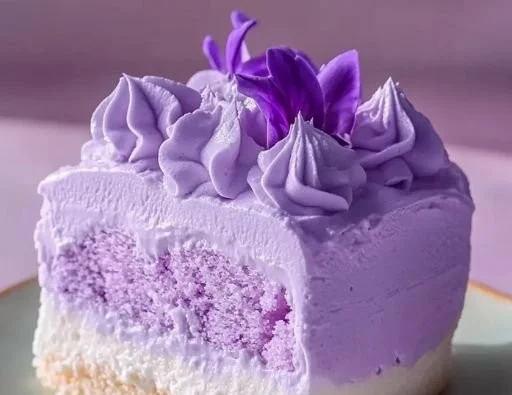 Fluffy taro ube cloud cake topped with colorful sprinkles on a white plate.