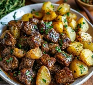 Delicious garlic butter beef bites served with tender potatoes