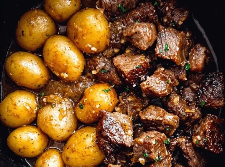 Delicious Garlic Butter Beef Bites served with crispy potatoes