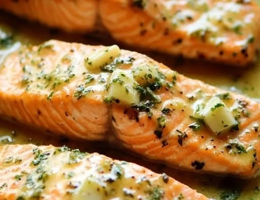 Delicious Garlic Butter Salmon served with fresh herbs and lemon slices